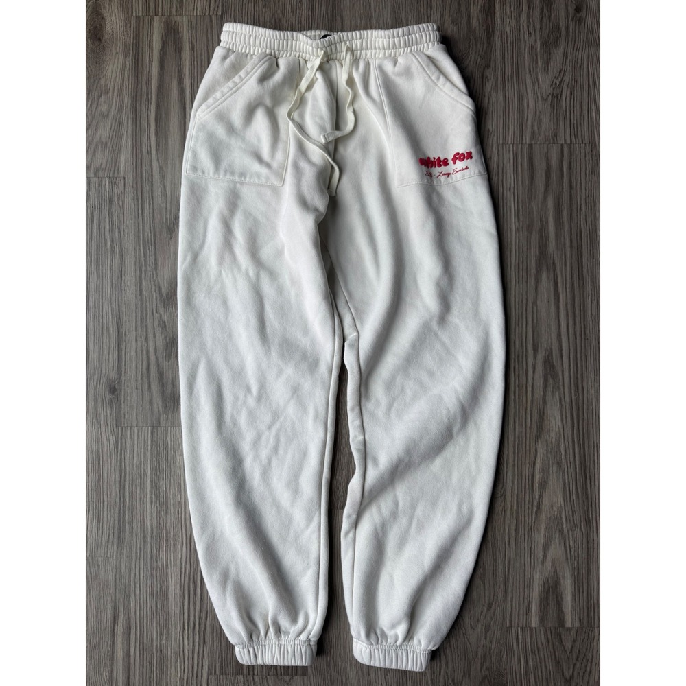 White Fox Boutique Off White Fleece Joggers Sweatpants Medium Red Logo